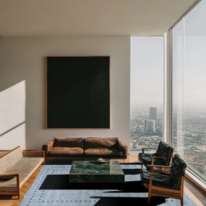 A blue patterned rug sits on wood floors in a high-rise room with leather furniture and a green marble table.