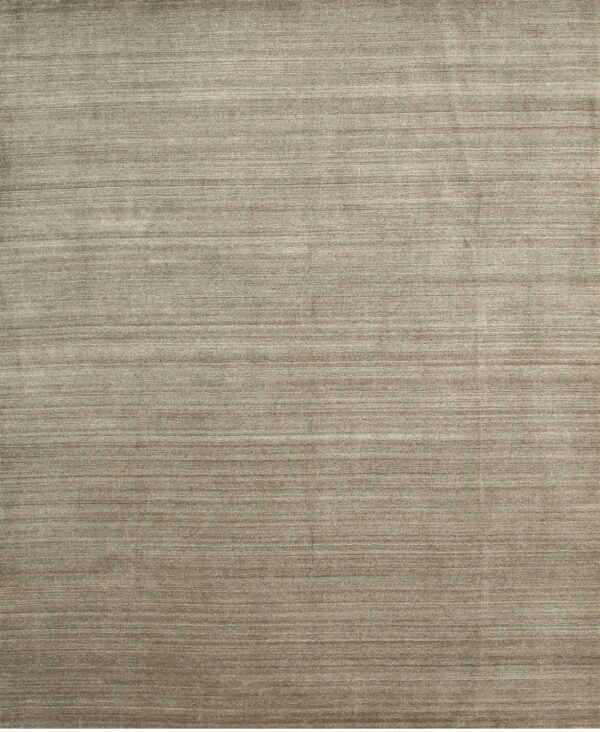 Monochromatic taupe rug featuring horizontal striations and subtle variations in color and texture.