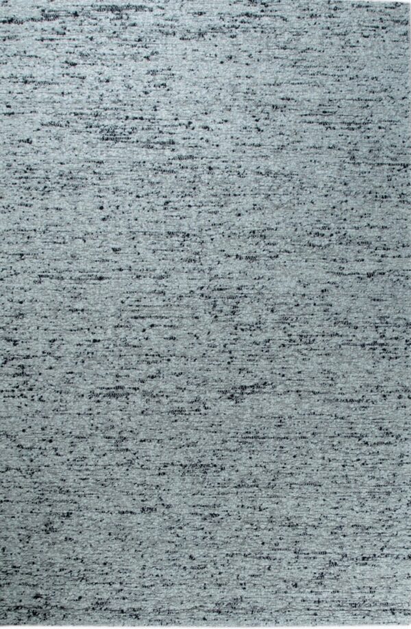 Abstract light gray rug surface textured with black flecks and subtle horizontal striping.