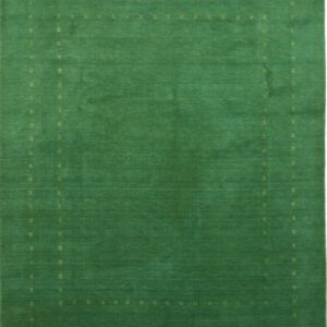 Low-pile, emerald green rug featuring a minimalist border of small repeated yellowish star motifs.
