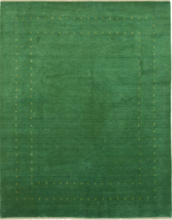 Low-pile, emerald green rug featuring a minimalist border of small repeated yellowish star motifs.