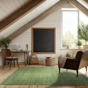 A green rug with white geometric accents anchors a leather armchair and wooden desk on plank floors.