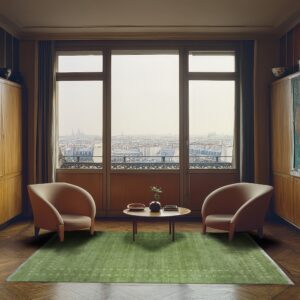 A moss green rug with subtle white patterns anchors two curved chairs in a wood-paneled room with a city view.