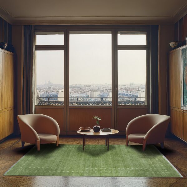 A moss green rug with subtle white patterns anchors two curved chairs in a wood-paneled room with a city view.