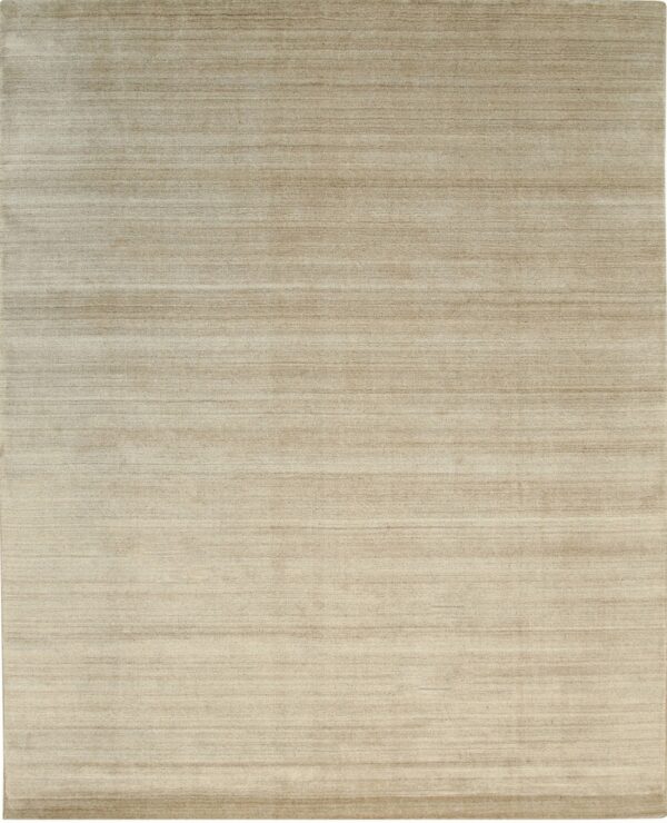 Solid neutral beige rug with subtle horizontal lines visible in the dense pile.