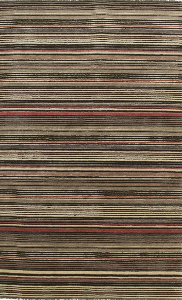 Short-pile rug featuring many varying width horizontal stripes in neutral tones and rust red.