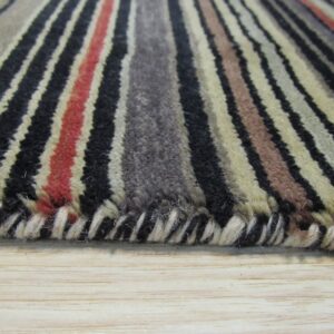 Low-pile rug edge with black, gray, cream, and red stripes resting on light wood planks.