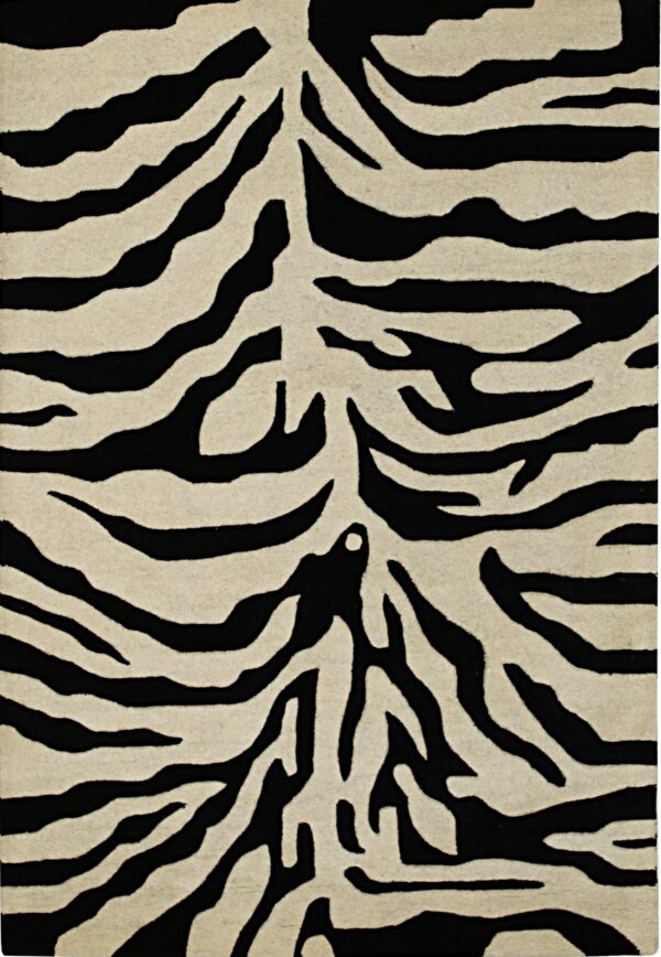 Black and cream rug with a high-contrast zebra print pattern and distinct carved texture.