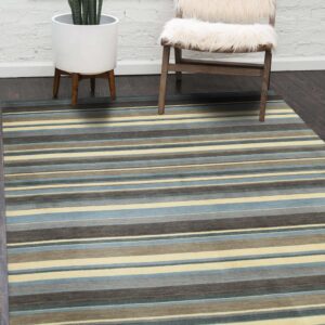 Blue, gray, taupe, and cream striped rug on dark hardwood next to a plant and a fuzzy chair.