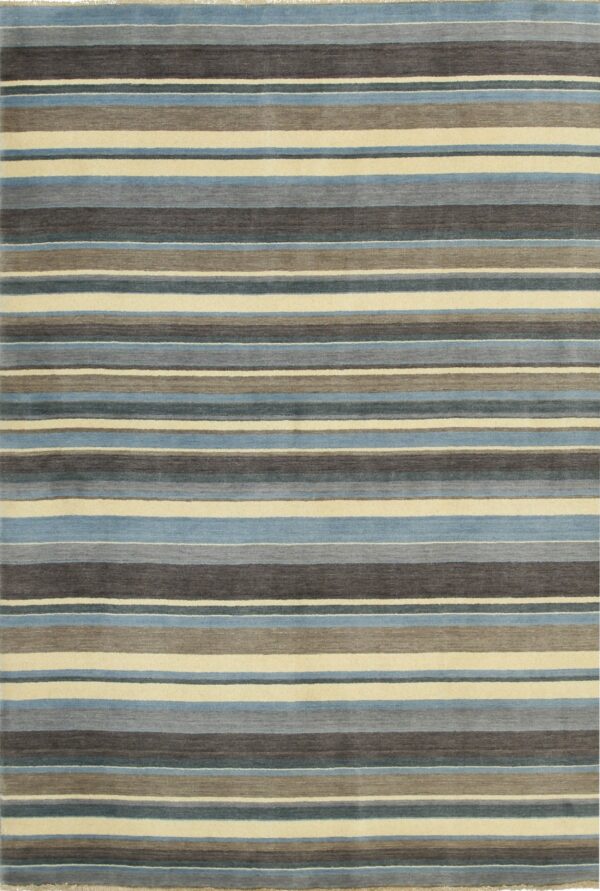 Horizontal striped rug featuring alternating bands of blue, charcoal, taupe, and ivory colors.