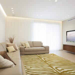 Yellow-gold zebra striped rug complements a light tan sofa in a bright modern room.