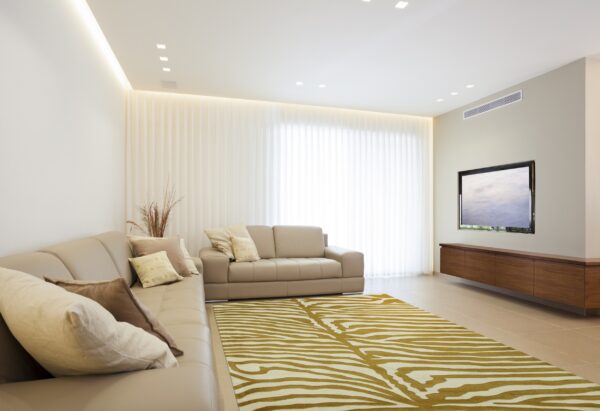 Yellow-gold zebra striped rug complements a light tan sofa in a bright modern room.