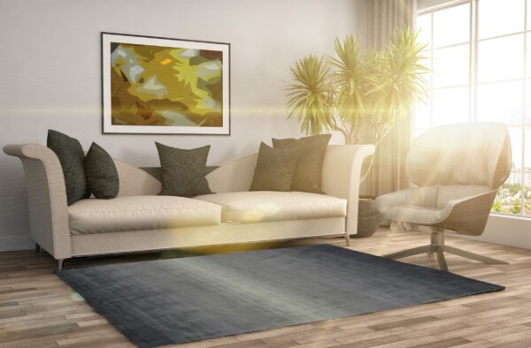 A gray striated rug sits on wood flooring beneath a beige sofa in a brightly sunlit living space.