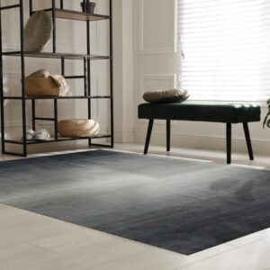 Textured gray gradient rug beneath a dark green bench and a black metal shelving unit on light wood floors.