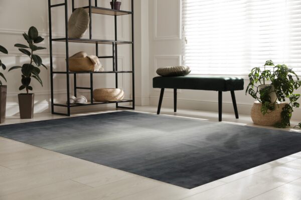 Textured gray gradient rug beneath a dark green bench and a black metal shelving unit on light wood floors.