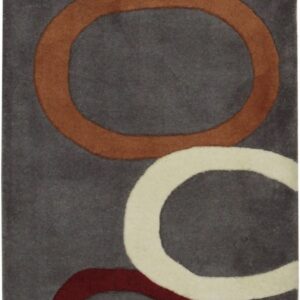A dark gray runner rug with interlocking circles in cream, rust, and burgundy colors.