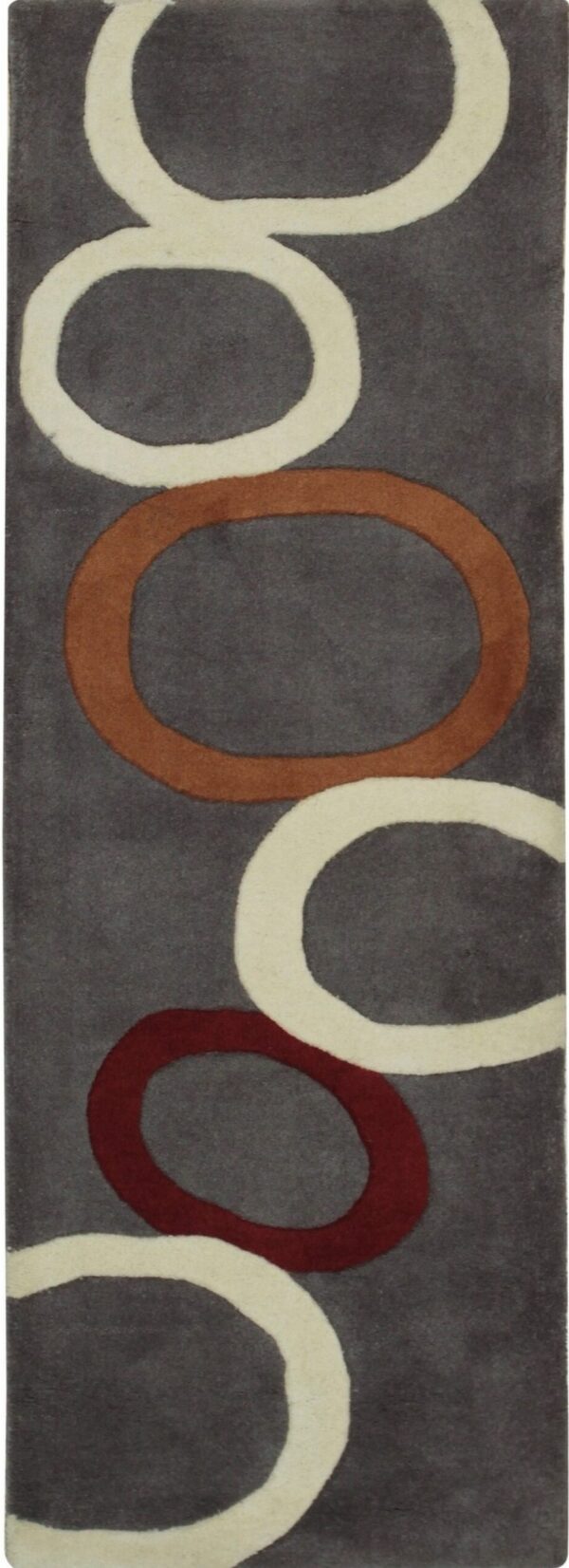 A dark gray runner rug with interlocking circles in cream, rust, and burgundy colors.