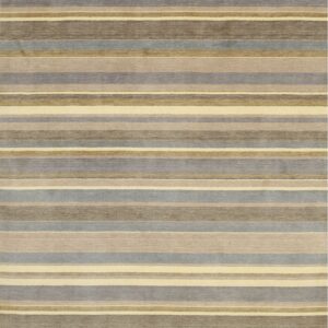 Rug with wide horizontal stripes in muted blue-gray, brown, tan, and pale yellow colors.