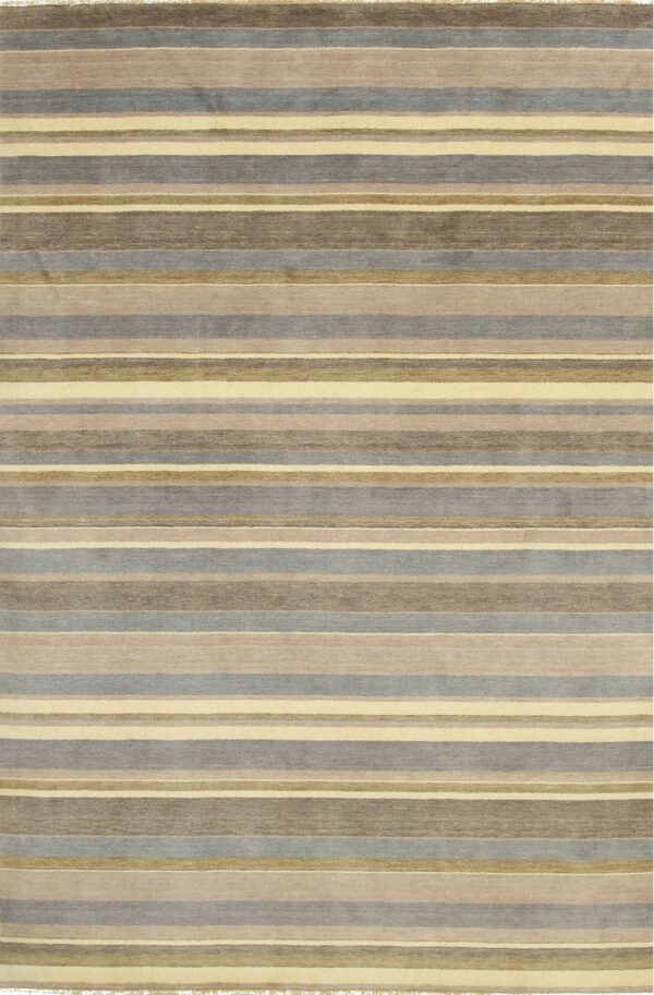 Rug with wide horizontal stripes in muted blue-gray, brown, tan, and pale yellow colors.