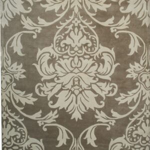 Full view of a taupe rug with a sculpted cream damask pattern covering the entire surface.