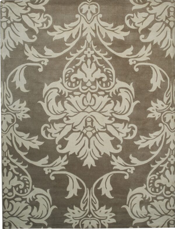 Full view of a taupe rug with a sculpted cream damask pattern covering the entire surface.