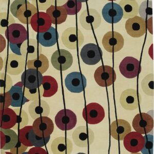 A cream rug features an abstract pattern of multi-colored circles connected by thin black vertical lines.