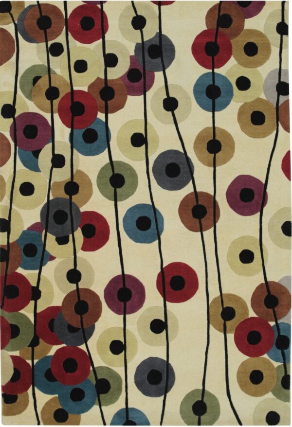 A cream rug features an abstract pattern of multi-colored circles connected by thin black vertical lines.
