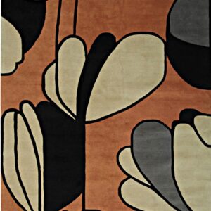 A terracotta rug features a large-scale, abstract floral pattern in cream, black, and dark gray shapes.