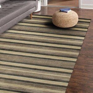 Multi-tonal striped rug covering dark wood flooring, next to a gray sofa and natural fiber ottoman.