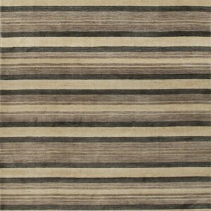A rectangular rug featuring horizontal stripes in varying shades of beige, taupe, and dark gray.