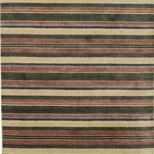 A striped rug featuring alternating wide bands of beige, reddish-brown, dark green, and thin purple lines.