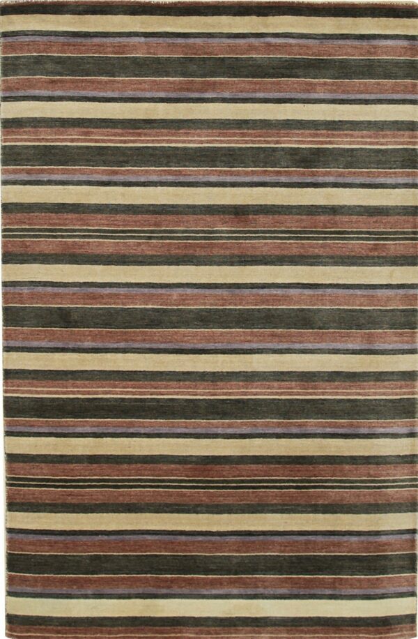 A striped rug featuring alternating wide bands of beige, reddish-brown, dark green, and thin purple lines.
