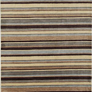 This neutral-toned rug has horizontal bands of dark brown, taupe, light beige, and slate blue.