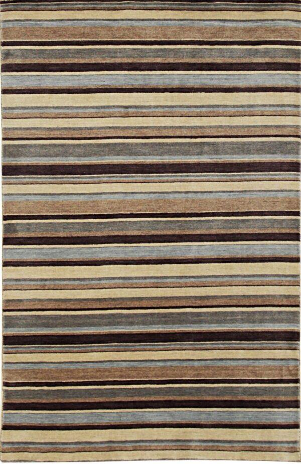 This neutral-toned rug has horizontal bands of dark brown, taupe, light beige, and slate blue.