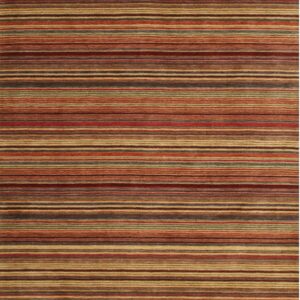 Closely spaced horizontal stripes of tan, red, brown, and muted green cover this low-pile rug.