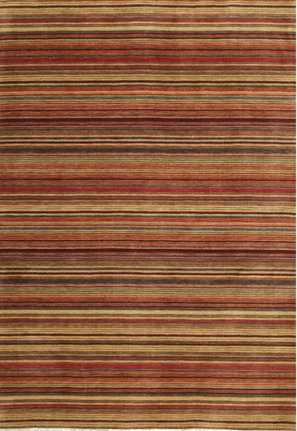Closely spaced horizontal stripes of tan, red, brown, and muted green cover this low-pile rug.