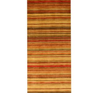 Long runner rug featuring thin horizontal stripes in brown, gold, red, and olive tones.