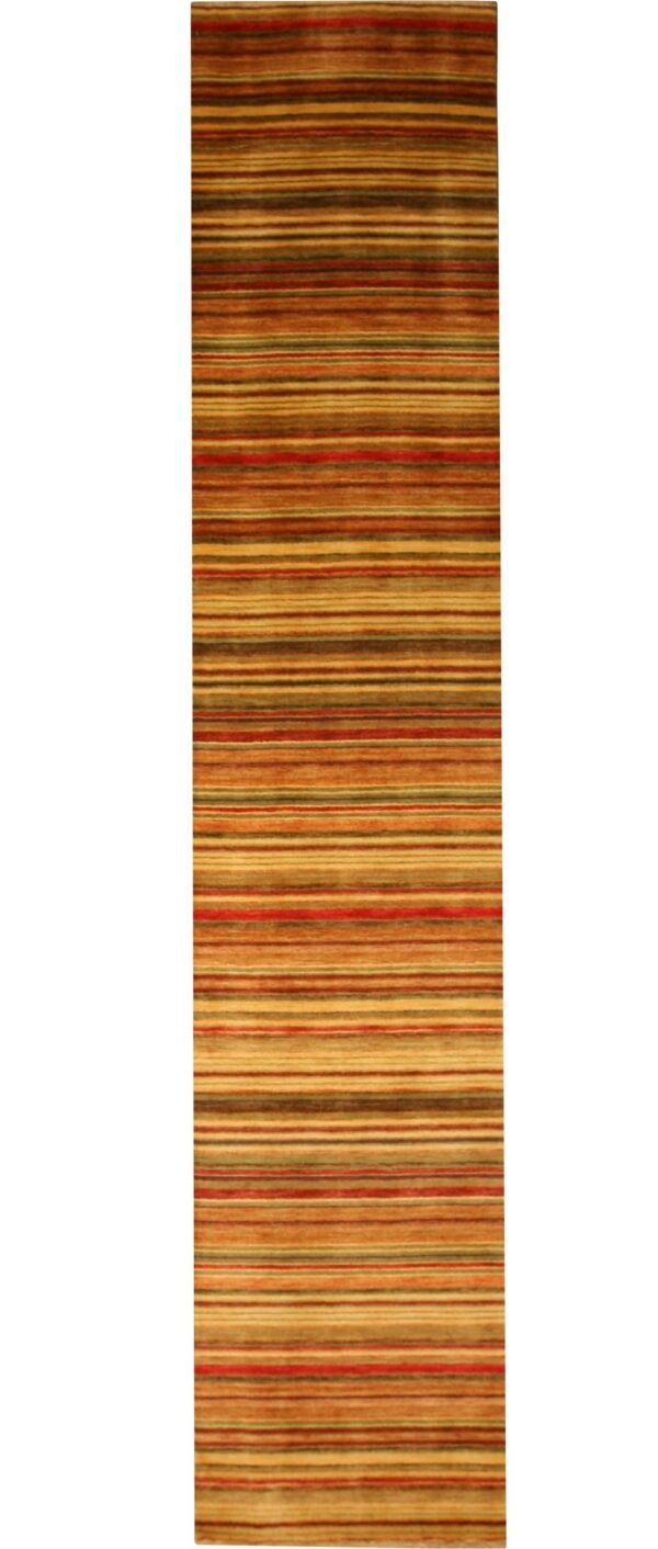 Long runner rug featuring thin horizontal stripes in brown, gold, red, and olive tones.