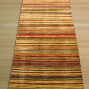 A striped runner rug with red, yellow, brown, and green earth tones lies on light wood flooring.