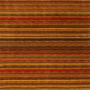 Textured rug featuring horizontal stripes in autumnal colors of gold, rust, dark brown, and red.