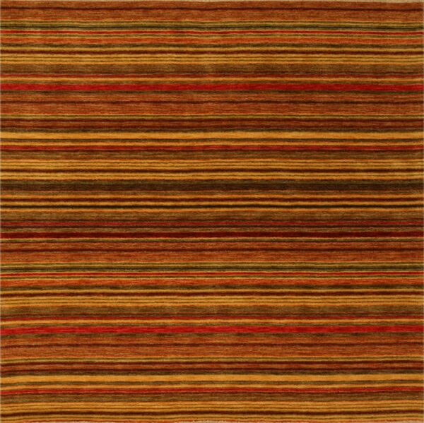 Textured rug featuring horizontal stripes in autumnal colors of gold, rust, dark brown, and red.