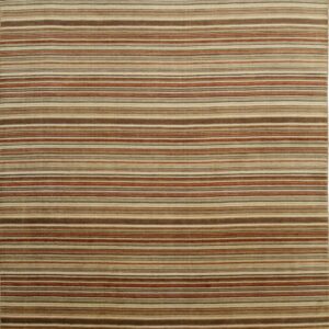 Low-pile rug with fine horizontal stripes in earthy tones of brown, beige, rust, and green.