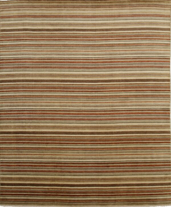 Low-pile rug with fine horizontal stripes in earthy tones of brown, beige, rust, and green.