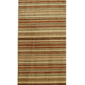 Low pile striped rug in shades of brown, beige, and rust, displayed vertically on a white background.
