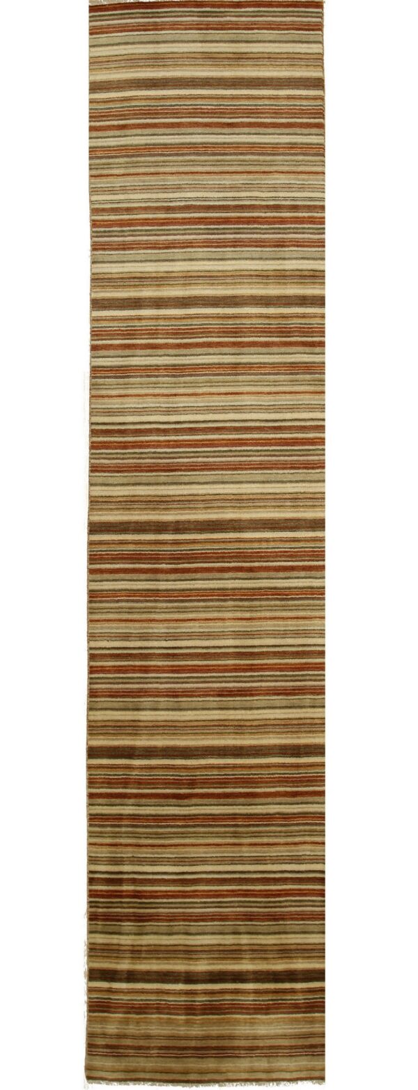 Low pile striped rug in shades of brown, beige, and rust, displayed vertically on a white background.