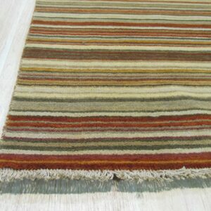 Low-pile rug with horizontal stripes in rust, gold, green, and beige rests on light wood floor showing fringe.