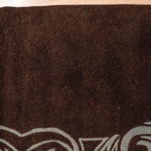 Textured brown rug with a stylized blue-gray border pattern rests on light wood planks.