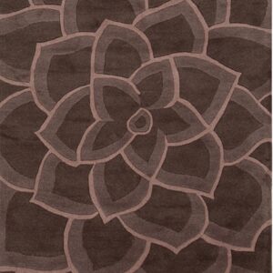 Dark brown sculpted rug featuring a large, concentric floral design accented by medium and light brown tones.