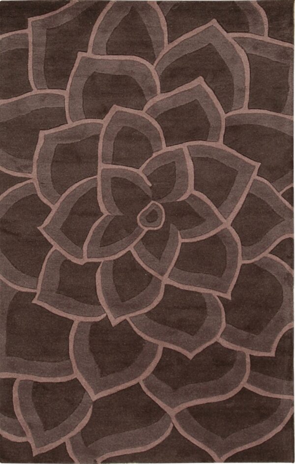 Dark brown sculpted rug featuring a large, concentric floral design accented by medium and light brown tones.