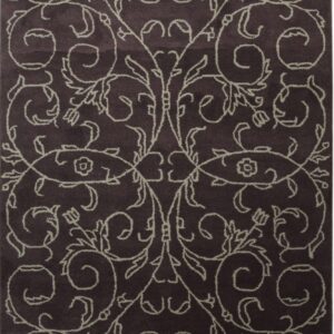 Rectangular dark brown rug featuring a symmetrical light taupe repeating vine and floral scroll pattern.
